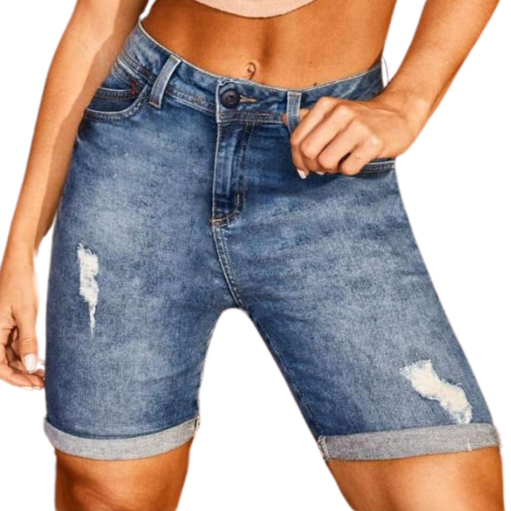 Bermuda Jeans Feminina Destroyed com Cintura Média e Barra Dobrada