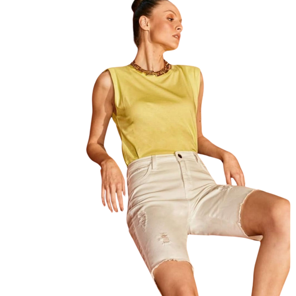 Bermuda Jeans Feminina Cintura Alta Destroyed Off White