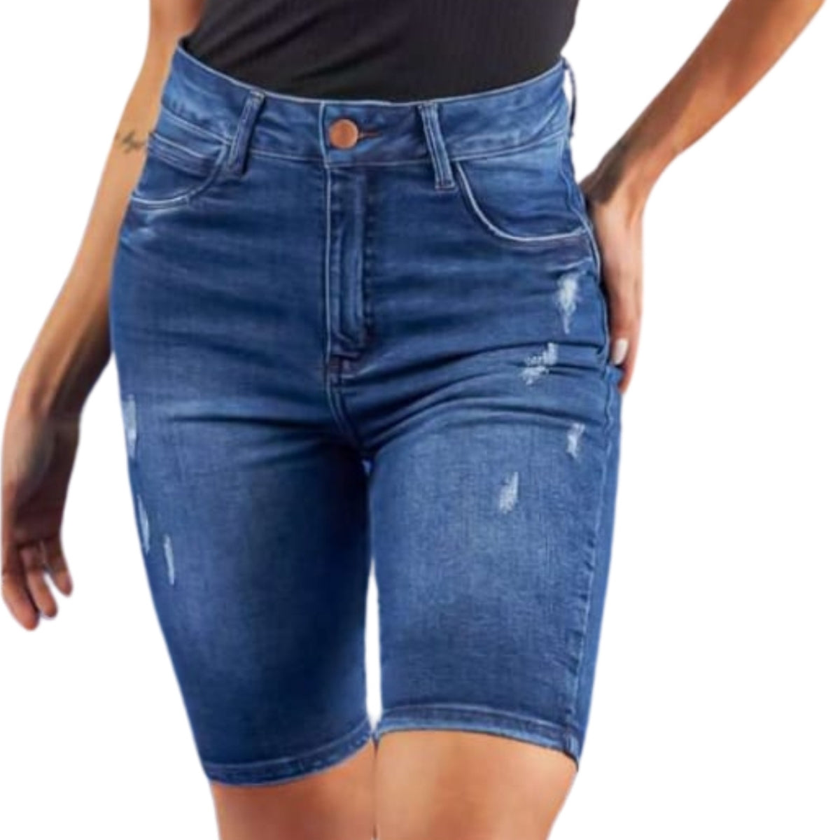 Bermuda Jeans Feminina Ciclista Azul Destroyed