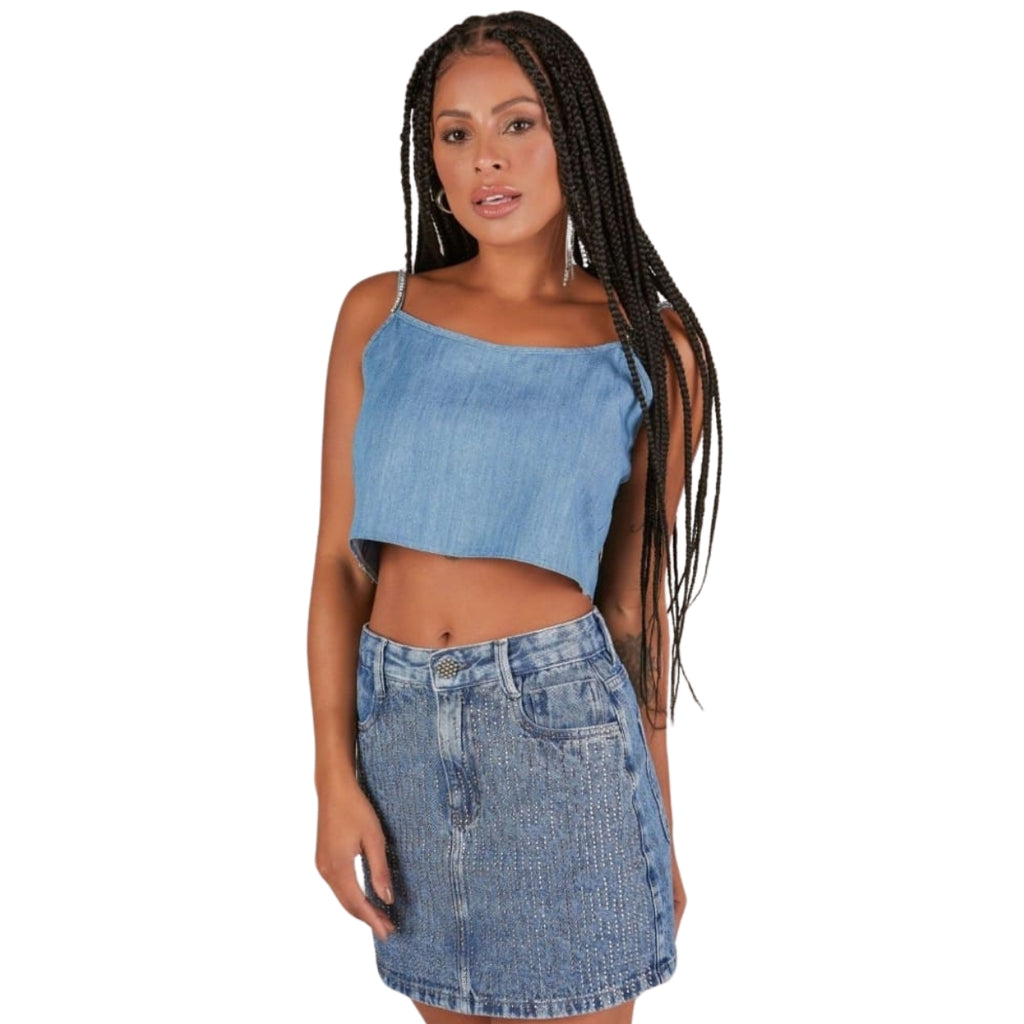 Saia Jeans Glam Shine com Strass