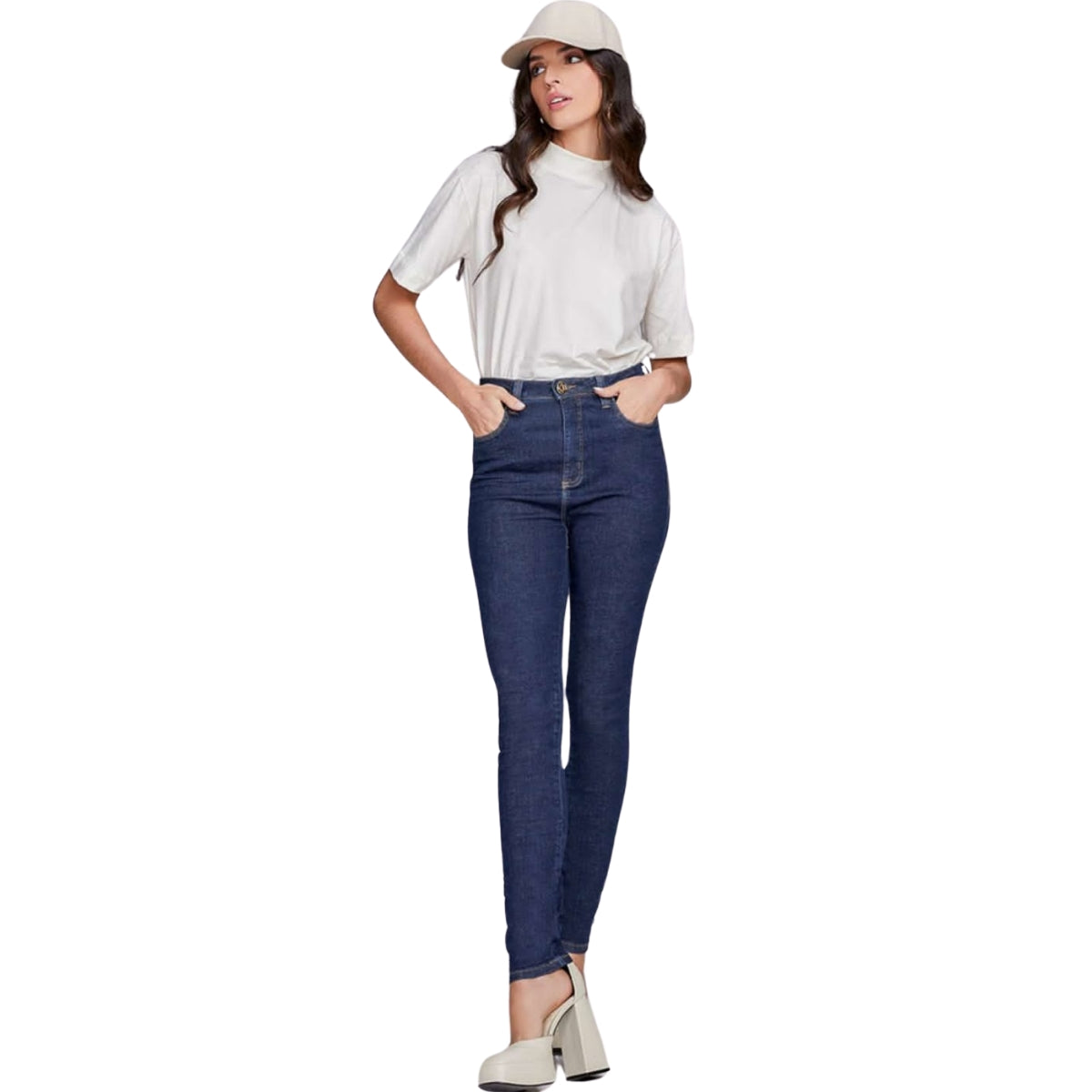 Calça Jeans Skinny Feminina Cintura Alta Azul Escuro