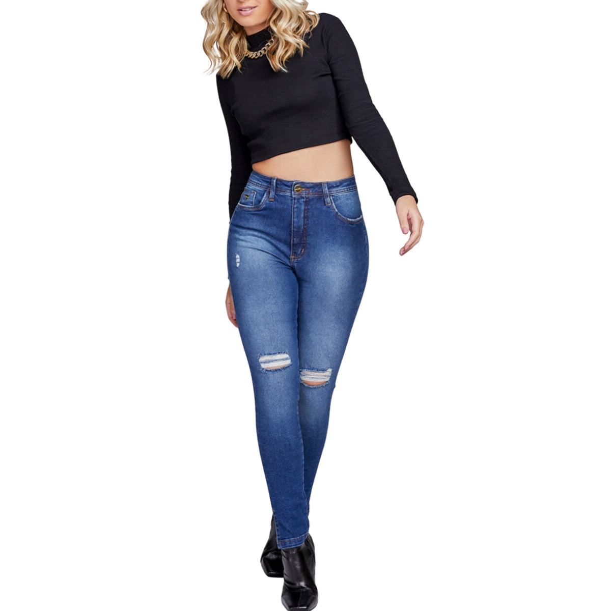 Calça Jeans Skinny Feminina Cintura Alta com Rasgos Azul Médio