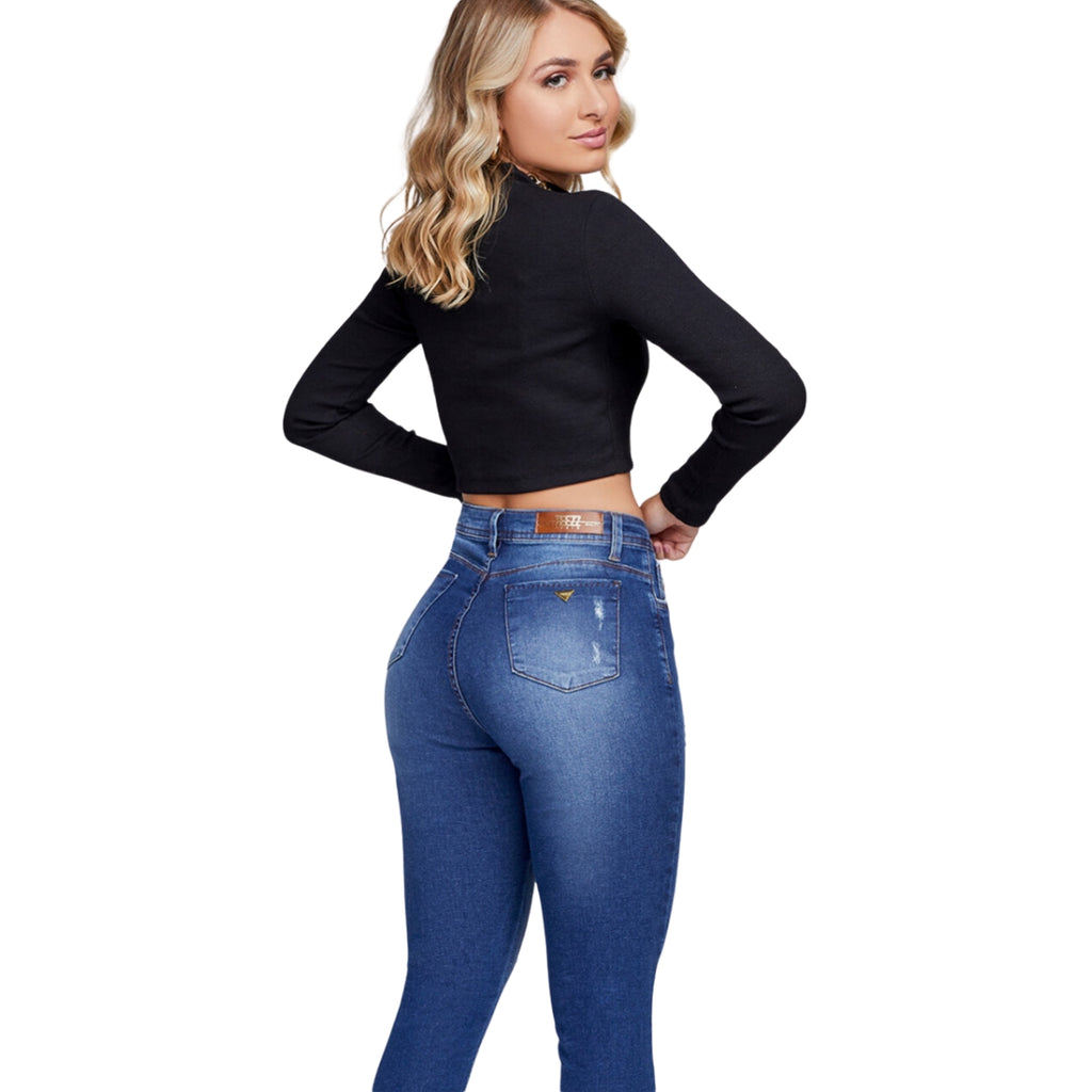 Calça Jeans Skinny Feminina Cintura Alta com Rasgos Azul Médio