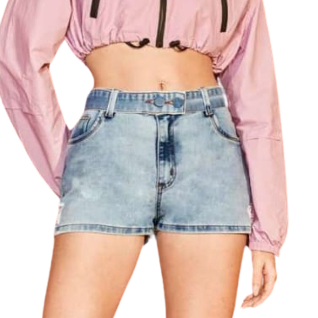 Short Jeans Feminino Azul Claro Cintura Alta com Detalhes Coloridos