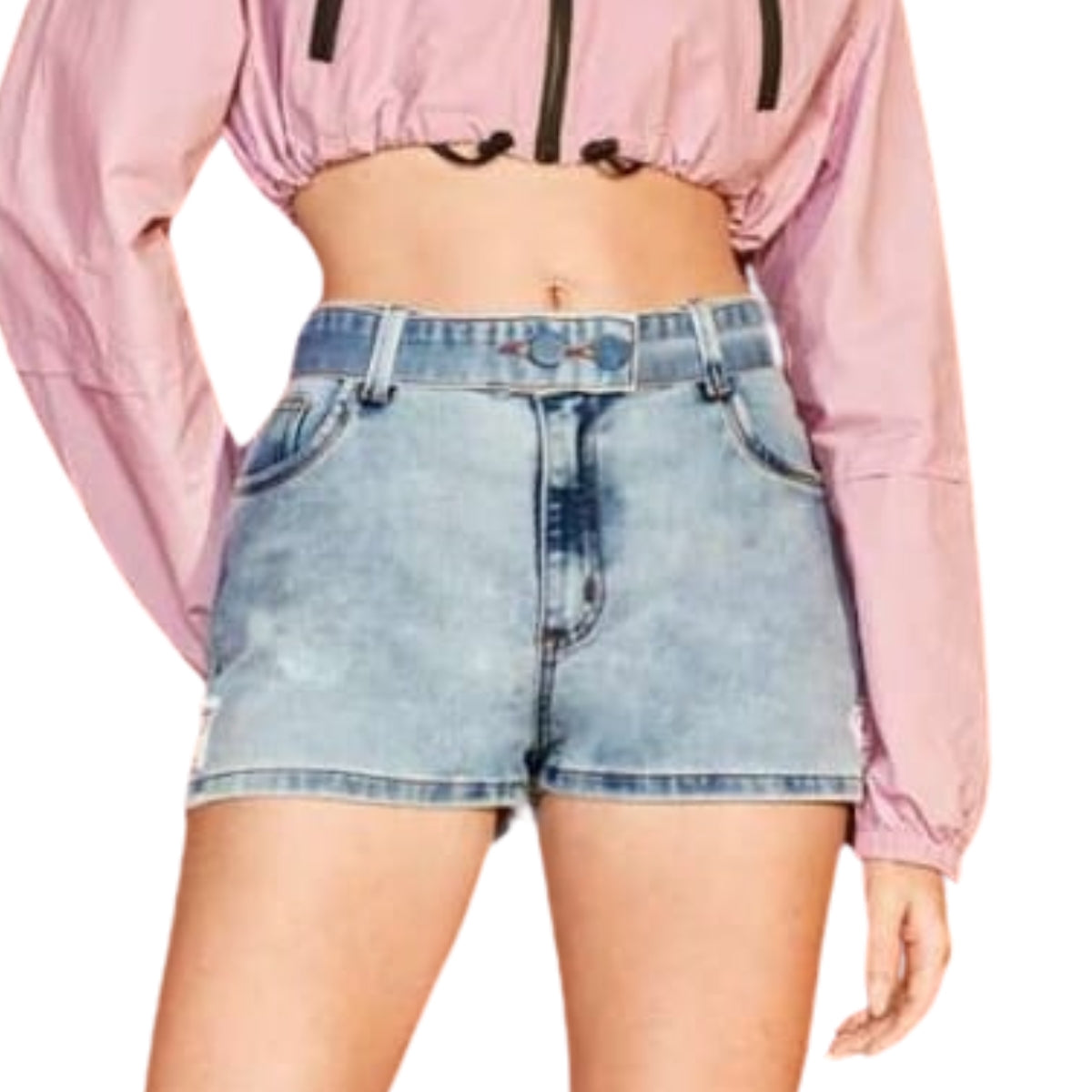 Short Jeans Feminino Azul Claro Cintura Alta com Detalhes Coloridos