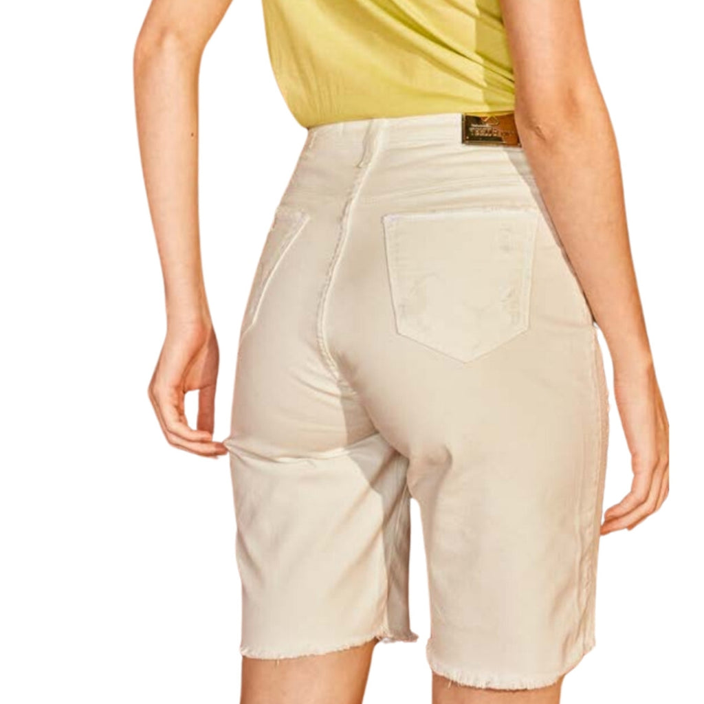 Bermuda Jeans Feminina Cintura Alta Destroyed Off White