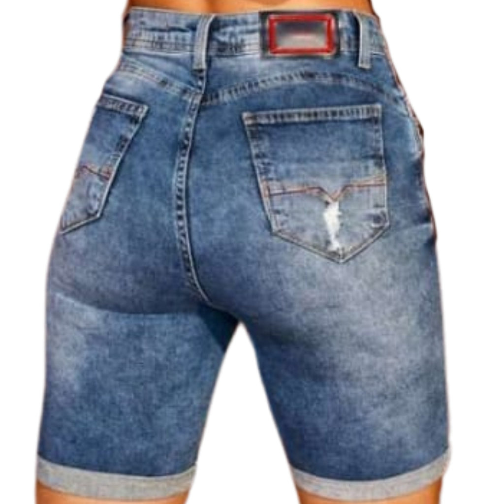 Bermuda Jeans Feminina Destroyed com Cintura Média e Barra Dobrada