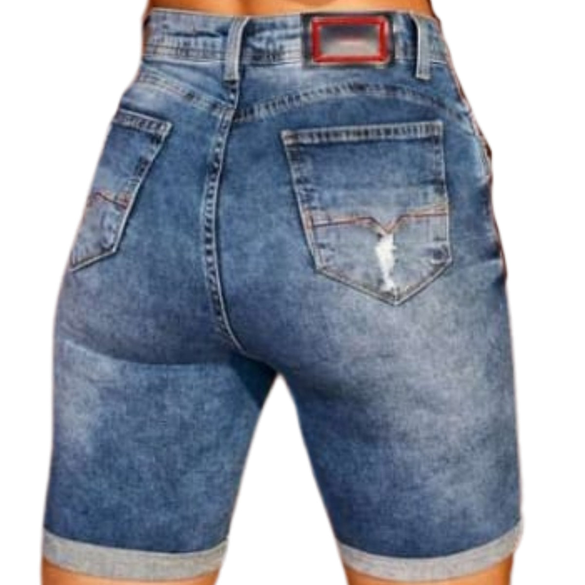 Bermuda Jeans Feminina Destroyed com Cintura Média e Barra Dobrada