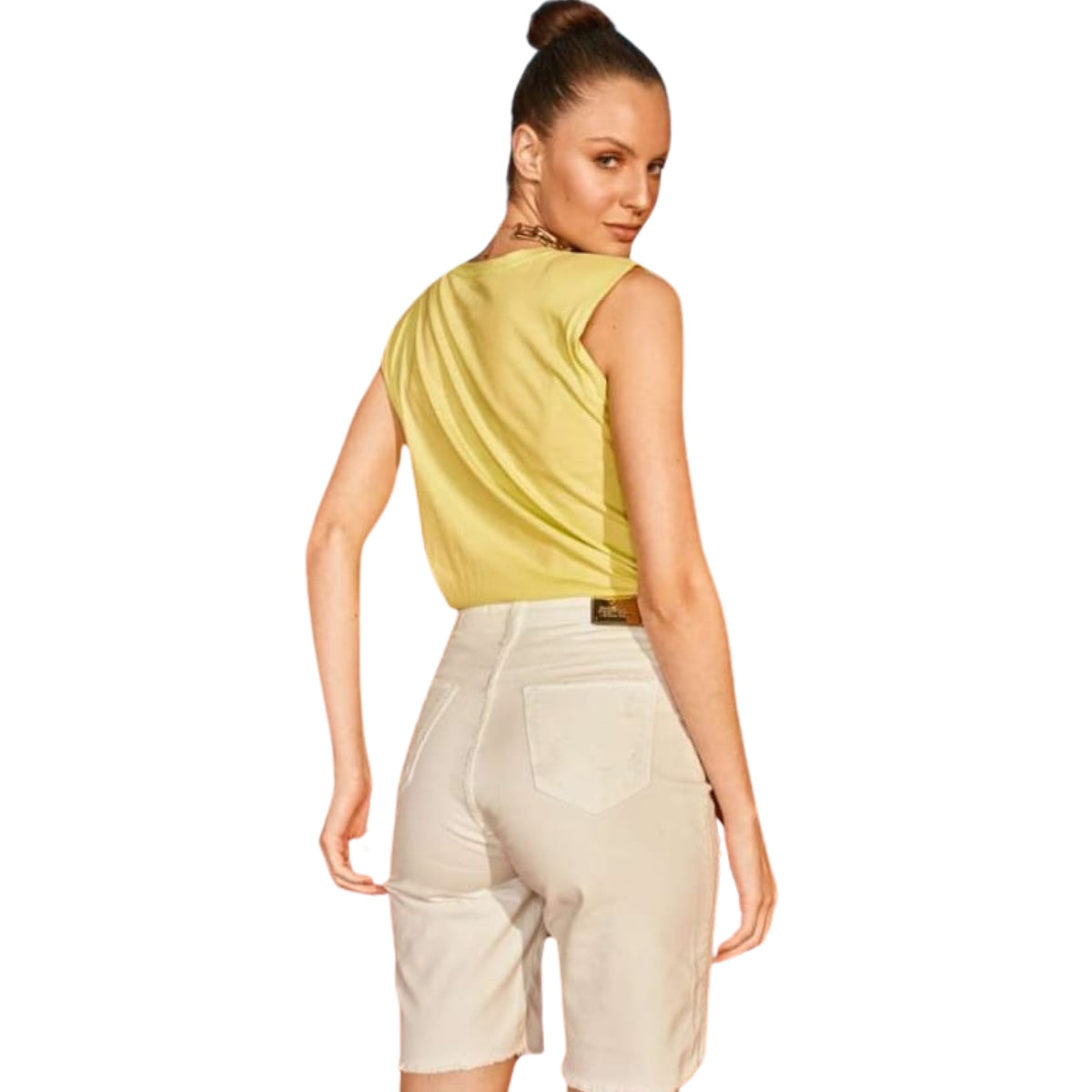 Bermuda Jeans Feminina Cintura Alta Destroyed Off White