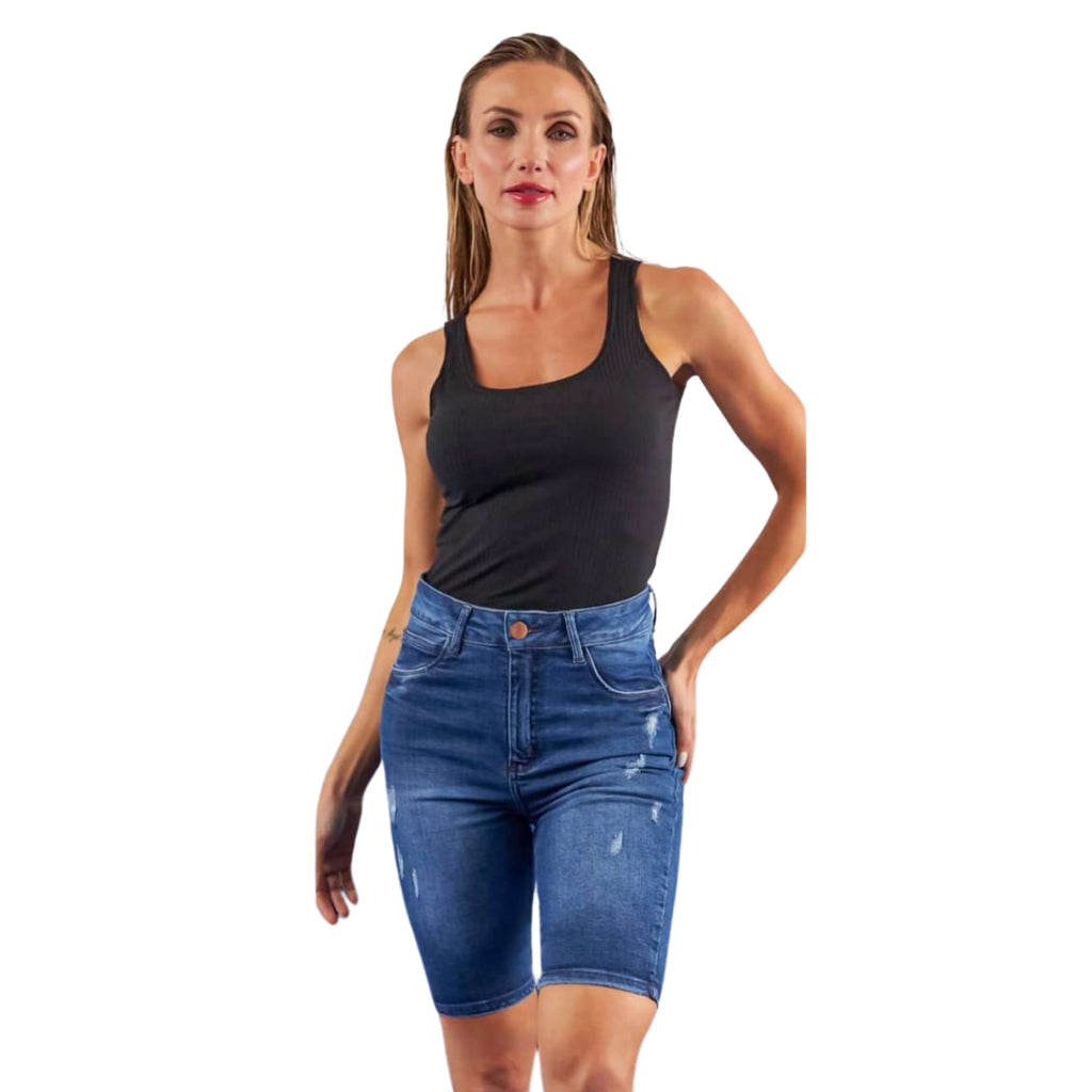 Bermuda Jeans Feminina Ciclista Azul Destroyed