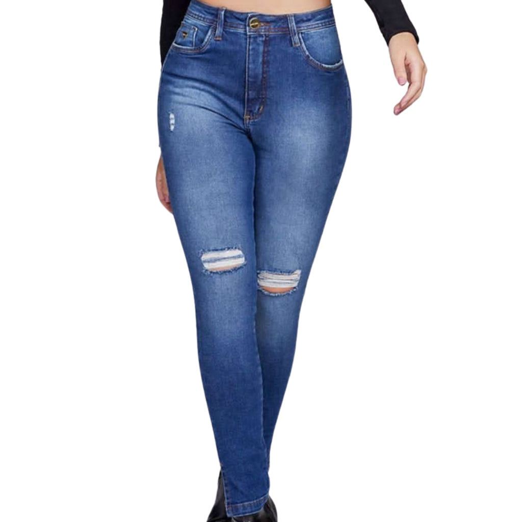 Calça Jeans Skinny Feminina Cintura Alta com Rasgos Azul Médio