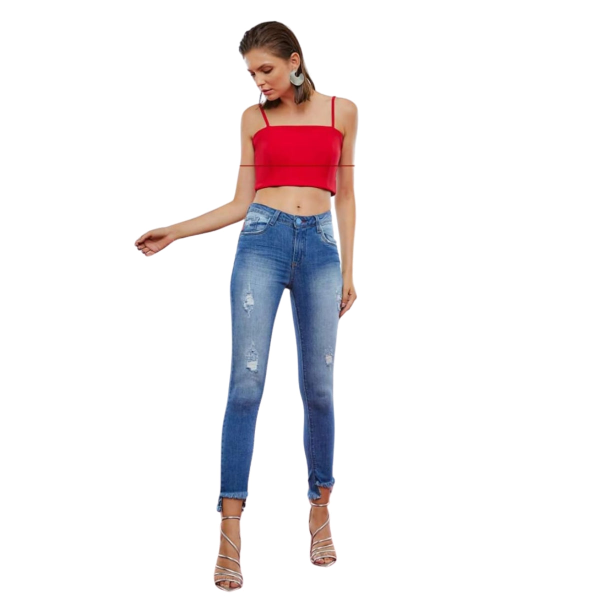 Calça Jeans Skinny Feminina com Barra Desfiada