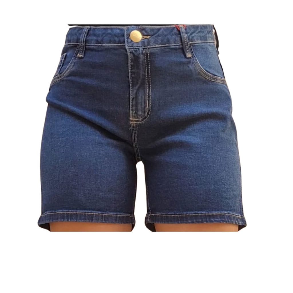 Bermuda Jeans Feminina Cintura Alta Azul Escuro