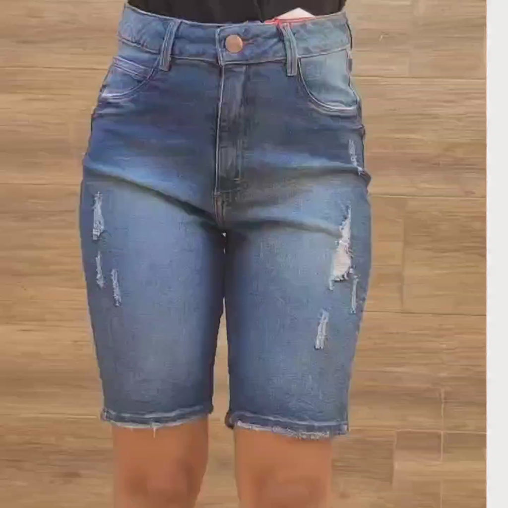Bermuda Jeans Feminina Ciclista Azul Destroyed