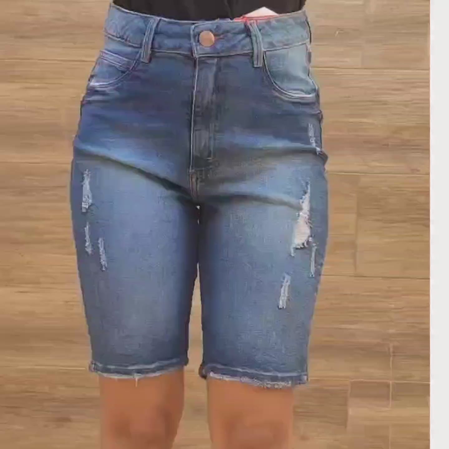 Bermuda Jeans Feminina Ciclista Azul Destroyed