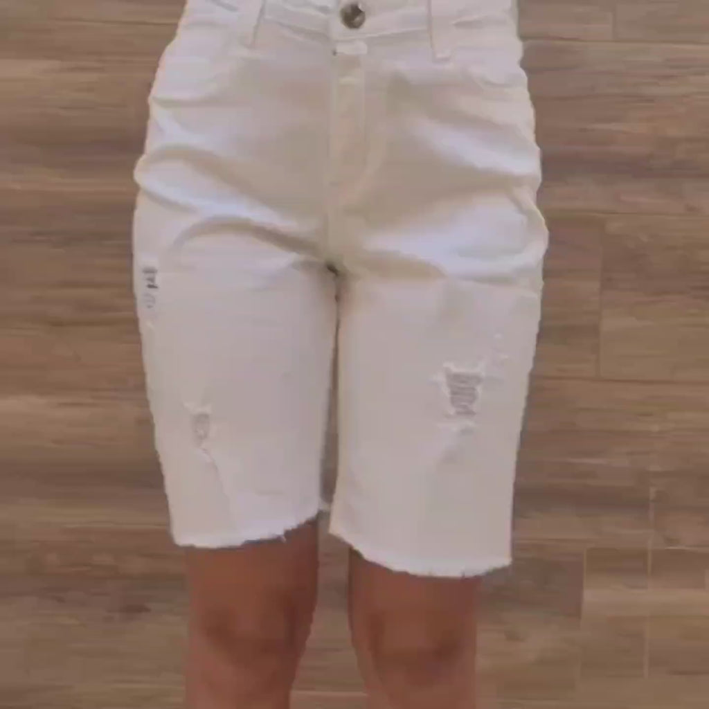 Bermuda Jeans Feminina Cintura Alta Destroyed Off White