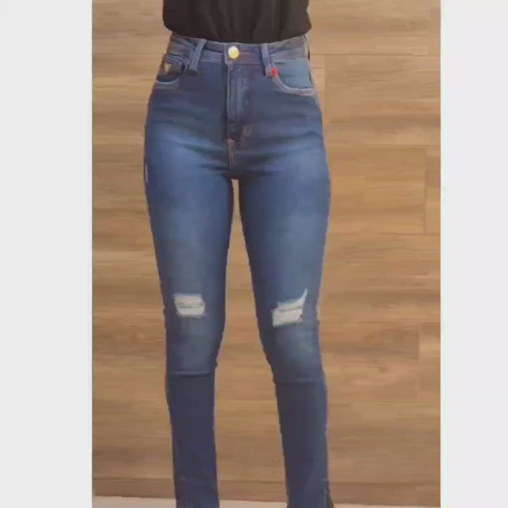 Calça Jeans Skinny Feminina Cintura Alta com Rasgos Azul Médio